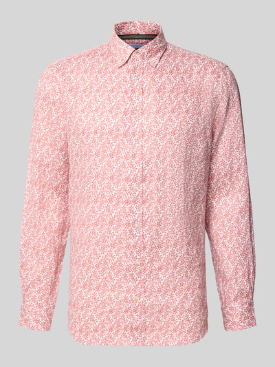 Produktfoto, Slim Fit Leinenhemd aus reinen Leinen von Christian Berg Men in Rot-Weiß mit Button-Down-Kragen, langen Ärmeln und abgerundetem Saum, feine Struktur und Muster.