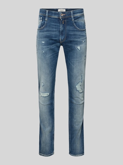 Produktfoto, Slim Fit Jeans im Used Look von Replay, blauer Baumwoll-Mix, 5-Pocket-Design, Knopf- und Reißverschluss, strukturierte Oberfläche, Herren Slim-Fit mit Used-Look, Bundweite 48 cm, Innenbeinlänge 84 cm bei Größe 32/32.
