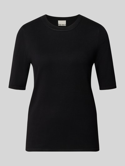 Produktfoto, zwarte Regular fit pullover in tricotlook Model "LULS" van ICHI, Viscosemix, met korte mouwen, ronde hals, ruglengte maat S 60 cm, mouwlengte maat S 27 cm.