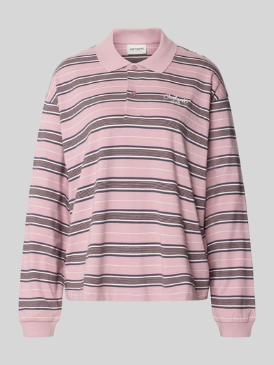 Produktfoto, Oversized poloshirt met labelstitching Model 'Bronson' van Carhartt Work In Progress, puur katoen, Dames, polokraag, ruglengte maat S 60 cm, roze met strepen