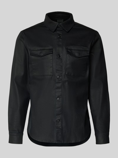 Produktfoto, Regular Fit Hemdjacke mit Brusttaschen Modell 'THEO' von Guess, schwarz, Baumwoll-Mix mit Viskose-Anteil, Knopfleiste, Kentkragen