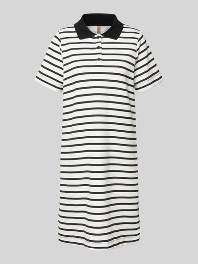 Produktfoto, Knielanges Polokleid mit kurzer Knopfleiste Modell 'BARNI' von Soyaconcept im Material-Mix mit Modal-Anteil, Gerader-Schnitt, schwarz-weiße Streifen, Polokragen, Knielänge, detailreiche Textur auf glatter Oberfläche, Rückenlänge 50 cm, Brustweite 50 cm, Ärmellänge 24 cm, Größe S