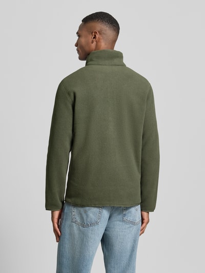 Männermodel trägt Jacke mit Stehkragen Modell 'Teca' von Cotopaxi in Olivgrün, Regular-Fit, Ganzkörperansicht Rückansicht, Kontext laut Beschreibung.