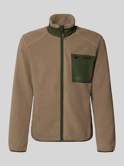 Produktfoto, Regular Fit Teddyjacke mit Stehkragen Modell 'DALLAS' von ONLY & SONS, beige Webpelzstruktur, grüne Details, Herrenjacke