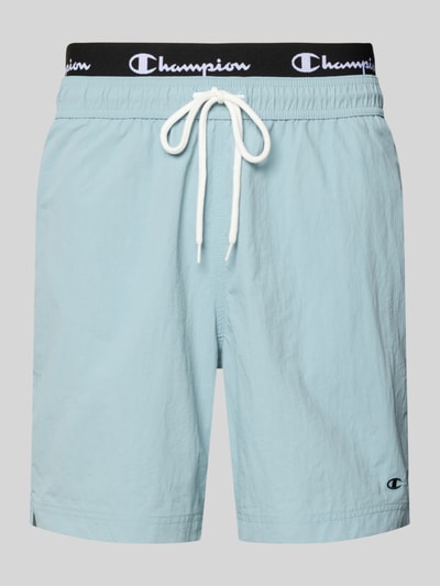 Produktfoto, hellblaue Badehose mit Label-Details, elastischer Bund, Tunnelzug, Gesäßtasche, CHAMPION Regular-Fit Herren