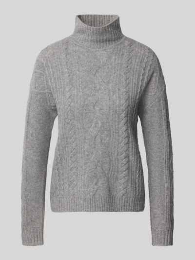 Produktfoto, pullover van kasjmier met kabelpatroon van Christian Berg Woman, recht model, opstaande kraag, ribboorden, ruglengte maat S 57 cm, mouwlengte maat S 64 cm, grijs, fijne textuur