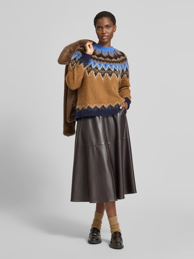 Oui Noorse trui met ronde hals Camel - 1