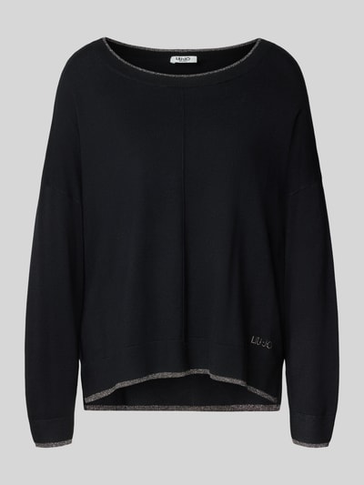 Produktfoto, Relaxed Fit Pullover aus Viskose-Mix Modell 'MAGLIA CHIUSA' von Liu Jo White in Schwarz, Strick-Optik, Logo-Detail, verlängerte Rückseite, Damen Pullover