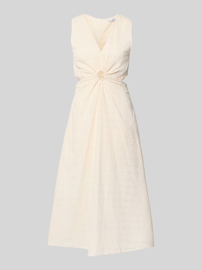 Produktfoto, Midikleid mit floralem Loch-Stitching von MANGO in Creme, Reine Baumwolle, Taillierte Passform, V-Ausschnitt, Ärmelloses-Design, Cut-Outs, Raffungen, Rücklänge 122 cm, Brustweite 41 cm, leichte Struktur, florale Musterprägung.
