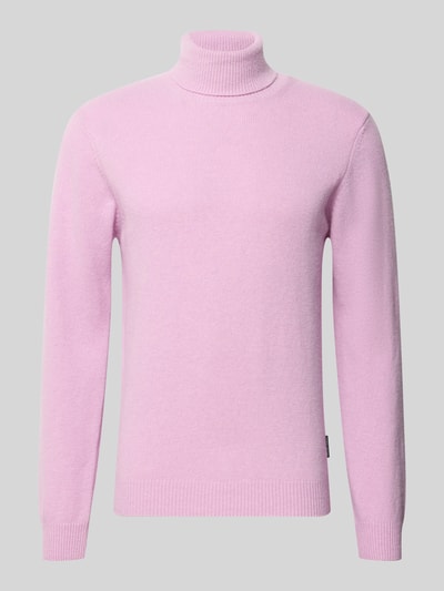 Produktfoto, Strickpullover aus Baumwoll-Mix mit Rollkragen Modell 'KARL' von Casual Friday, hellrosa, glatte Textur, gerippte Abschlüsse, Logo-Label, Regular Fit, Damenpullover, Rückenlänge 69 cm, Ärmellänge 70 cm