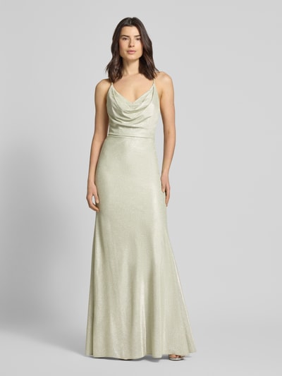 Frauenmodel trägt Abendkleid in Glitzer-Optik von Unique mit Rückenausschnitt, Schnürverschluss und Spaghettiträgern, Ganzkörperansicht von vorne.