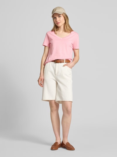 Gant T-shirt met geribde V-hals Felroze - 1