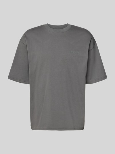 Produktfoto, Oversized T-Shirt met logo en ronde hals van REVIEW, puur katoen, grijs, oversized fit, heren, ruglengte maat M 68 cm