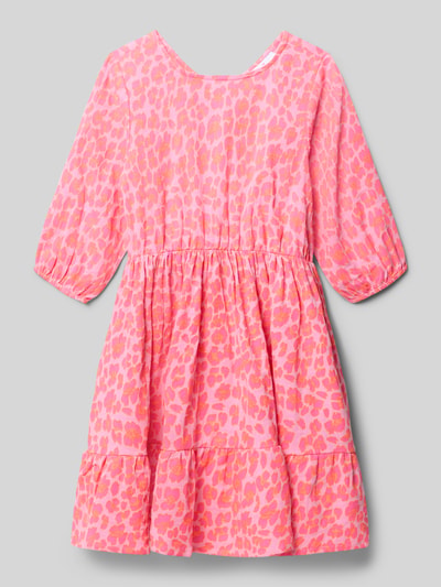 Produktfoto, Kinder Kleid im Stufen-Look mit Rundhalsausschnitt von DANAMADE, A-Linie, Reine Baumwolle, pink mit Muster, Rückenlänge 69 cm, Ärmellänge 36 cm bei Größe 140