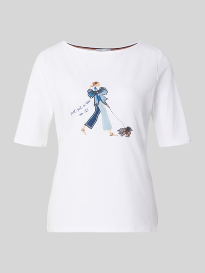Produktfoto, T-Shirt mit U-Boot-Ausschnitt van MORE, wit met blauwe en beige print, Mix van katoen en elastaan, getailleerd model, Halflange mouwen, Ruglengte maat 36: 55 cm.