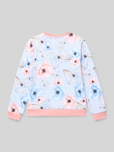 Meisjesmodel draagt Sweatshirt met Labeldetail van Guess van puur katoen, regular fit, ribboorden, ronde hals, labeldetail. Ganzkörperansicht Rückansicht.