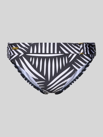 Produktfoto, Bikinihose mit Umschlag und Label-Detail Modell 'Liv' von LASCANA, schwarz-weißes Allover-Muster, glatte Textur, stretchiger Material-Mix