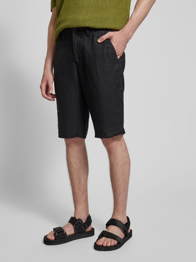 Marc O'Polo Regular fit korte linnen broek met riemlussen Zwart - 4