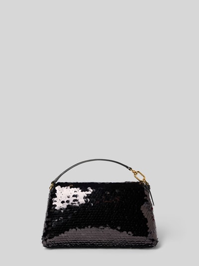 Produktfoto, czarna torebka z cekinowymi obszyciami, uchwyt i pasek na ramię, model 'SFERA SOFT' od Furla, główna przegroda z klapką i zapięciem na magnes, szerokość w rozmiarze 1: 22 cm, długość w rozmiarze 1: 14 cm, głębokość w rozmiarze 1: 10 cm, długość paska na ramię: 110 cm