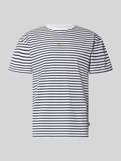Produktfoto, T-Shirt mit Label-Stitching und Rundhalsausschnitt von BLKVIS, Herren T-Shirt aus Reine Baumwolle, Regular-Fit, Allover-Look, Rückenlänge 69 cm bei Größe M, weiß-schwarze Streifen, glatte Textur