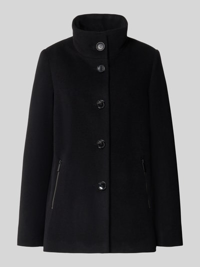 Produktfoto, schwarze Jacke aus Schurwoll-Mix mit Kaschmir-Anteil Modell 'Janna' von Milo Coats, Stehkragen, glatte Textur, Reißverschlusstaschen