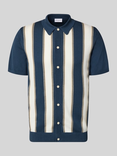 Productfoto, Polo-Cardigan met 1/2-mouw van Lindbergh, katoen, regular fit, knoopsluiting, donkerblauw met crème en beige strepen, lengte maat M 67 cm, mouwlengte maat M 25 cm