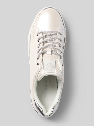 Produktfoto, Low Top Sneaker mit Schnürung von Tamaris, unifarben schimmernd, runde Schuhspitze, Plateau, strukturierte Sohle, Label-Applikation, silberne Details, Animal Print Akzent