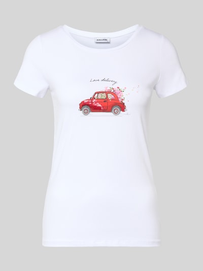 Produktfoto, T-shirt mit Motiv-Print und Pailletten von More & More, mieszanka bawełny i elastanu, krój regular fit, nadruk z motywem, cekiny, okrągły dekolt, długość tyłu w rozmiarze 36: 60 cm, kolor biały, czerwony nadruk auta