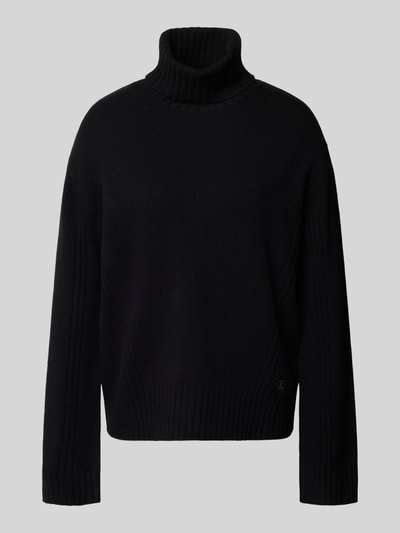 Produktfoto, Relaxed Fit Rollkragenpullover aus reiner Wolle von Liu Jo White in Schwarz mit Strasssteinen und gerippten Abschlüssen.