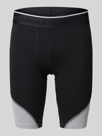 Produktfoto, Slim Fit Sportshorts mit Logo-Print von Under Armour, schwarz mit grauen Partien, Herren Sportshorts von Under Armour