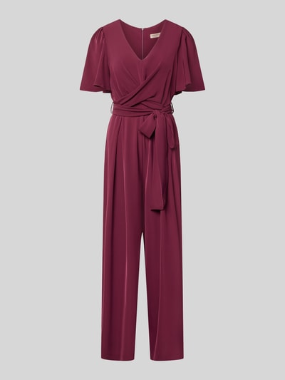 Produktfoto, Jumpsuit mit Stoffgürtel von Rinascimento in Dunkelrot, Material-Mix mit Stretch, taillierte Passform, Kurzarm, V-Ausschnitt