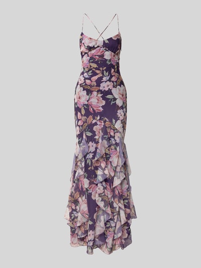 Produktfoto, Slim Fit Abendkleid mit Rüschenbesatz von ADLYSH, floraler Allover-Print, Schnürverschluss, Spaghettiträger, lila, fließende Textur