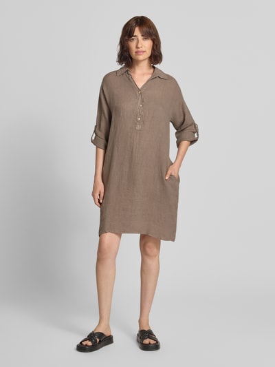 ZABAIONE Knielanges Leinenkleid mit Hemdblusenkragen Modell 'Li44ana' Taupe 1