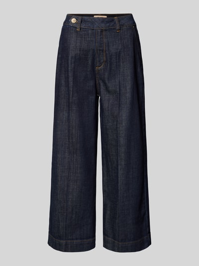 Produktfoto, Cropped Wide Leg Jeanshose Modell 'Bantry Nippon' von MOS MOSH aus dunkelblauem Baumwoll-Mix mit Stretch-Anteil, strukturierte Oberfläche, Wide Leg, Cropped, Bundweite 37 cm, Innenbeinlänge 66 cm, Damen.