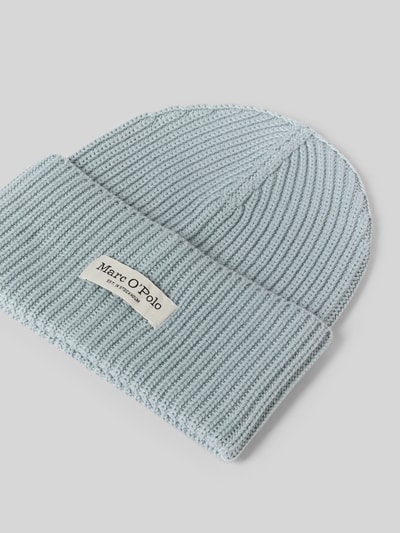 Productfoto, lichtblauwe gebreide textuur, brede omslag, label met Marc O'Polo, Dames Mütze mit breitem Umschlag van Marc O'Polo