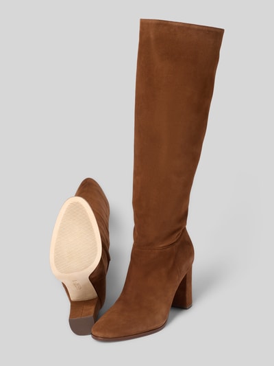 Produktfoto, Stiefel aus echtem Veloursleder mit Logo-Detail Modell 'ARTIZAN TALL' von Lauren Ralph Lauren, Damen Stiefel / Boots, brauner Farbton, weiche Oberflächenstruktur, Blockabsatz, glatte Sohle