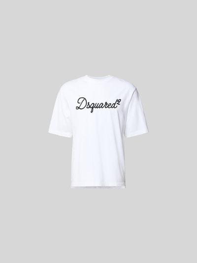 Produktfoto, weißes Loose Fit T-Shirt aus reiner Baumwolle von Dsquared2 mit Rundhalsausschnitt, Label-Stitching, verlängerte Rückseite.