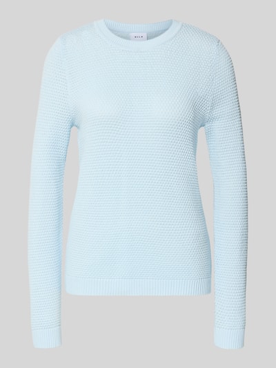 Produktfoto, jasnoniebieski Sweter z dzianiny z prążkowanymi wykończeniami, okrągły dekolt, krój slim fit, bawełna, model 'dalo' od Vila, długość tyłu 60 cm, długość rękawów 68 cm