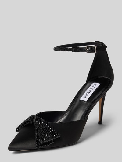 Produktfoto, Brautschuhe mit Strasssteinen Modell 'Last Dance' von Steve Madden in Schwarz mit spitzer Form, Zierschleife, dünnem Riemen, Pfennigabsatz 9 cm, Satin-Textur
