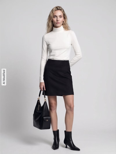 Frauenmodel trägt Ausgestellter Mini-Rock mit Teilungsnähten Modell 'DONNAHAZEL' von VERO MODA in Schwarz, kombiniert mit weißem Rollkragenpullover, glatte Texturen, Ganzkörperansicht von vorne, KI-modifiziertes Bild.