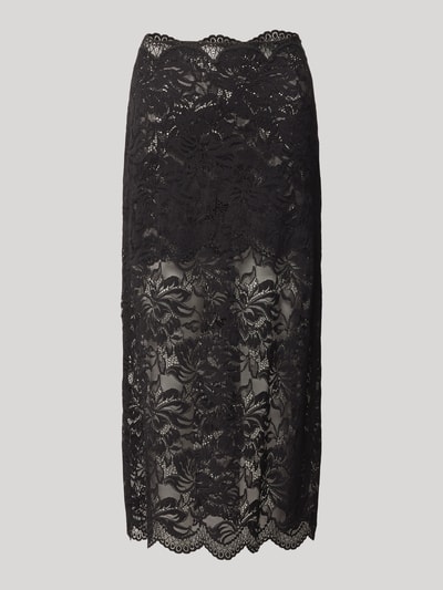 Produktfoto, Midirok uit elastische materiaalmix van Rabanne, recht model, bloemenmotief van kant, semi-transparante look, smalle band, geschulpte zoom met kanten rand, totale lengte maat 38: 85 cm, bandwijdte maat 38: 38 cm.