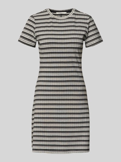 Produktfoto, Körpernahes Freizeitkleid mit Allover-Muster von Tom Tailor Denim in Grau, Schwarz und Beige, Optik:Allover-Muster, Passform:Körpernah, Länge:Knielang, Ausschnitt:Rundhals, Ärmelform:Kurzarm, Saum:Gerade, Materialverarbeitung:Ripp