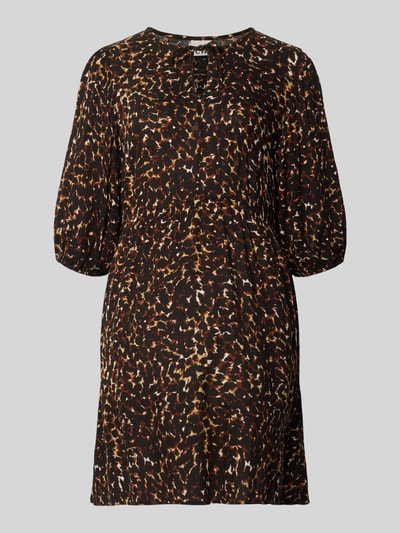 Produktfoto, Minikleid aus Viskose im Allover-Look Modell 'MARRAKECH' von ICHI, A-Linie, Rückenlänge bei Größe S 34 cm, Brustweite 35 cm, Ärmellänge 37 cm, dunkle Grundfarbe mit braunen und beigen Mustern, glatte Textur.