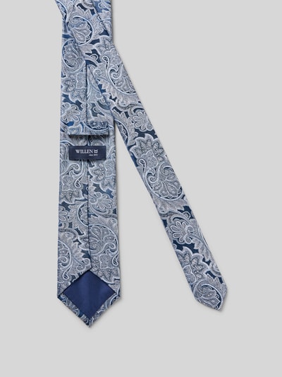 Produktfoto, Krawatte aus Seide im Allover-Look (7 cm) von Willen, Reine Seide in Blau und Silber, klassische Form, Label-Detail, 7 cm Breite