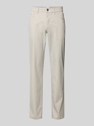 Produktfoto, Hose mit Strukturmuster Modell 'Cadiz' von Brax, bawełna z domieszką elastanu, krój regular fit, jasnobeżowy kolor, przednie kieszenie, szerokość w rozmiarze 32/32: 46 cm, długość nogawki wewnętrznej: 83 cm