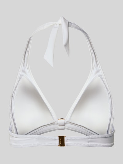 Produktfoto, weißes Bikini-Oberteil in Triangel-Form Modell 'TALEAH' von Marie Jo, glatte Oberfläche, goldfarbener Verschluss, Stretch-Anteil