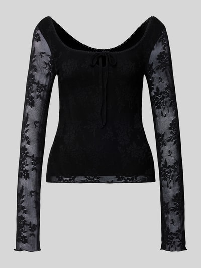 Produktfoto, Semitransparentes Longsleeve mit Schnürung von Gina Tricot, schwarzer Material-Mix mit Stretch-Anteil, Slim Fit, Karree-Ausschnitt, florale Transparenz-Effekte, Damen Longsleeve, Rückenlänge Größe S 29 cm.