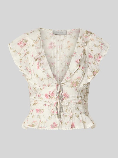 Produktfoto, Blusentop mit V-Ausschnitt und Schnürung von Neo Noir aus reiner Baumwolle, Slim Fit, florale Rüschen, cremefarben mit rosa Blumen