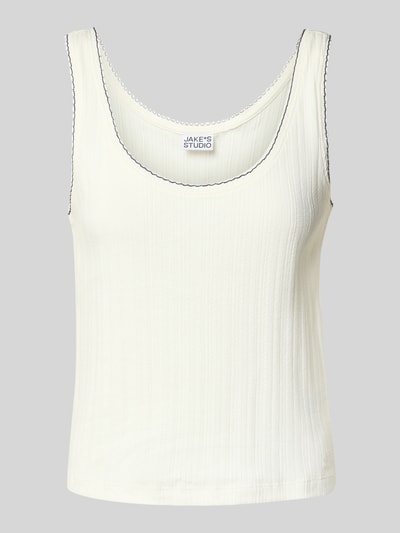 Produktfoto, Tanktop mit tiefem Rundhalsausschnitt von JAKE*S STUDIO WOMAN aus czystej bawełny, krój slim fit, białe, z logo-stitching, długość tyłu w rozmiarze S: 36 cm, widoczna tekstura prążków
