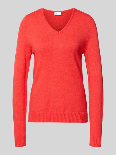 Produktfoto, Regular Fit Longsleeve aus Viskose in Strick-Optik Modell 'Viril' von Vila, Damen Longsleeve, leuchtend rot, V-Ausschnitt, elastische Abschlüsse, glatte Textur, Vorderansicht